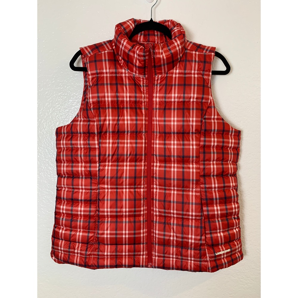 Lands' End Puffer Vest Women M Red Plaid Down Filled Quilted Gorpcore Preppy
